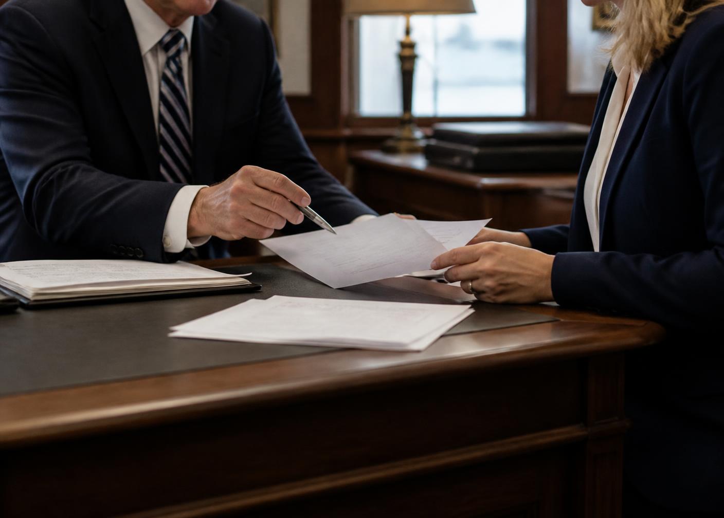 Advisers reviewing documents at a desk in the company's office
